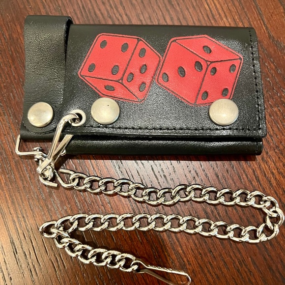 Leather Biker Wallet With Chain Trifold - Dice Screen Print on the Wallet - NEW - Picture 1 of 4
